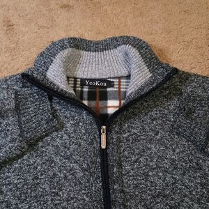 YeoKou Sweater Jacket Mens Large Gray Cashmere/Wool Fleece Lined Cardigan Knit